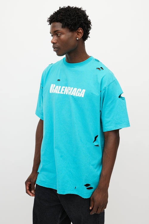 Balenciaga Blue 
White Distressed Oversized Logo T-Shirt