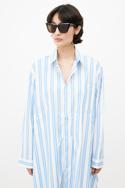 Balenciaga Blue 
White Stripe Shirt Dress