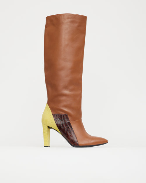 Balenciaga Brown 
Yellow Leather Knee High Boot