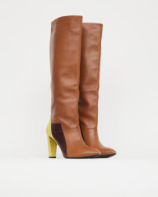 Balenciaga Brown 
Yellow Leather Knee High Boot