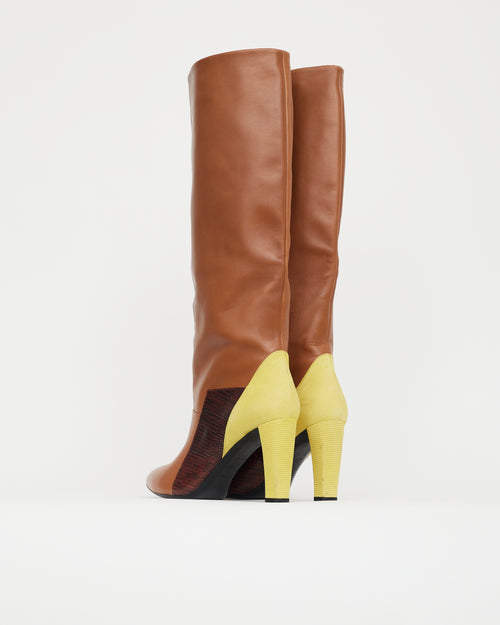 Balenciaga Brown 
Yellow Leather Knee High Boot