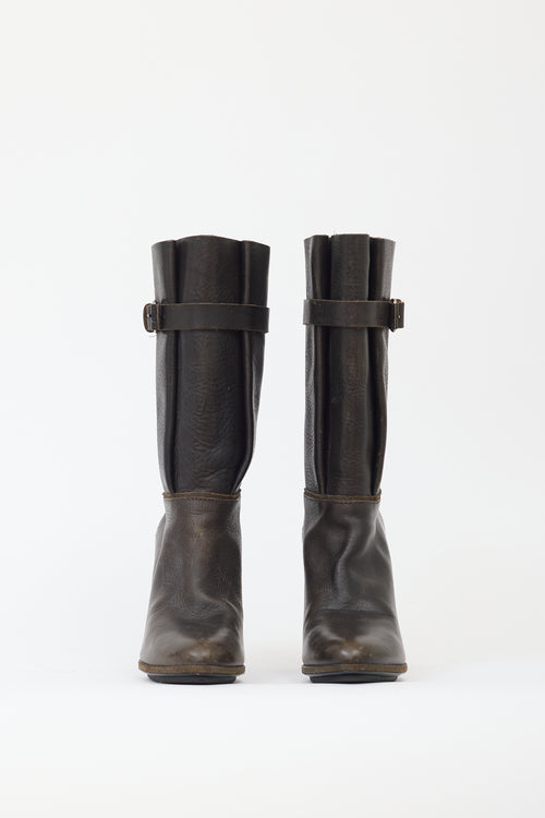 Balenciaga Brown Leather Pleated Buckled Boot