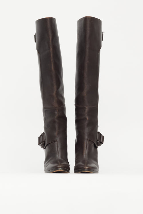 Balenciaga Brown Leather Knee High Wedge Boot