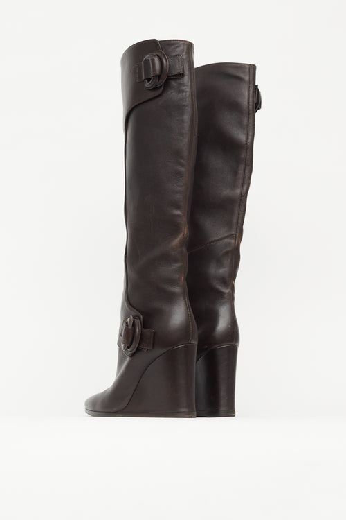 Balenciaga Brown Leather Knee High Wedge Boot