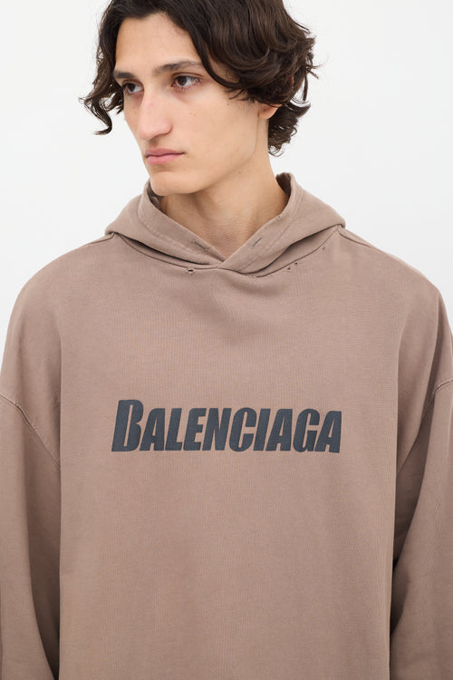 Balenciaga Brown Logo Distressed Pullover Hoodie