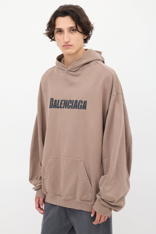 Balenciaga Brown Logo Distressed Pullover Hoodie