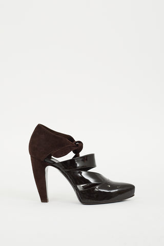 Balenciaga Brown Patent Leather 
Suede Bow Pump