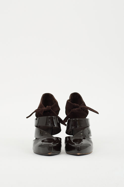 Balenciaga Brown Patent Leather 
Suede Bow Pump