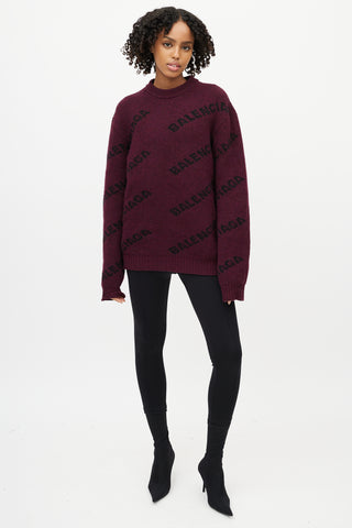 Balenciaga Burgundy Wool Black Allover Logo Sweater