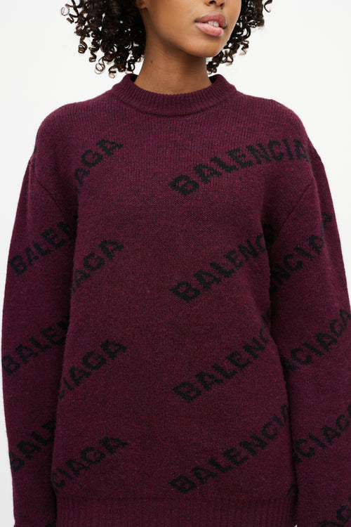 Balenciaga Burgundy Wool Black Allover Logo Sweater