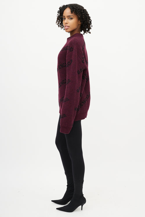 Balenciaga Burgundy Wool Black Allover Logo Sweater