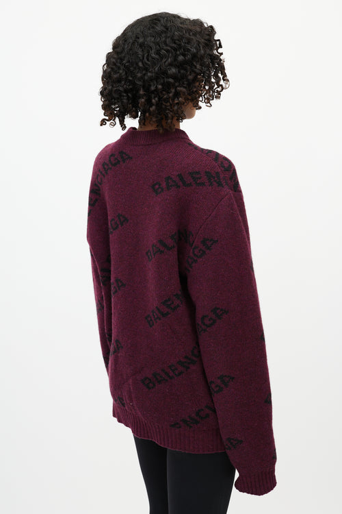 Balenciaga Burgundy Wool Black Allover Logo Sweater