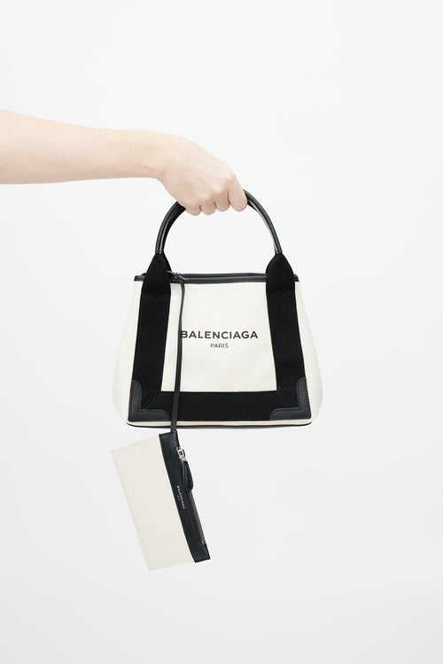 Balenciaga Cream 
Black Cabas Canvas Shoulder Bag