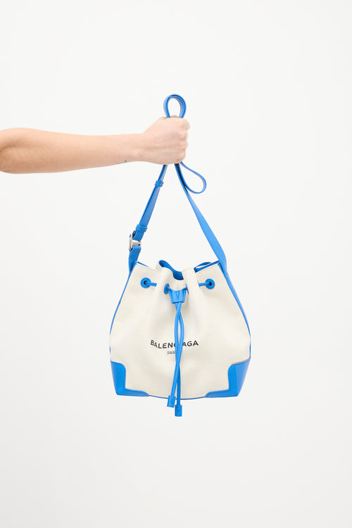 Balenciaga Cream 
Blue Leather Trimmed Canvas Bucket Bag