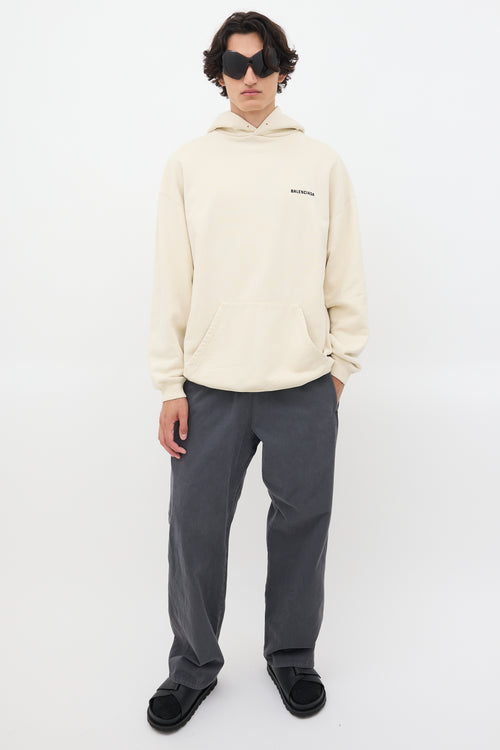 Balenciaga Cream Embroidered Logo Pullover Hoodie