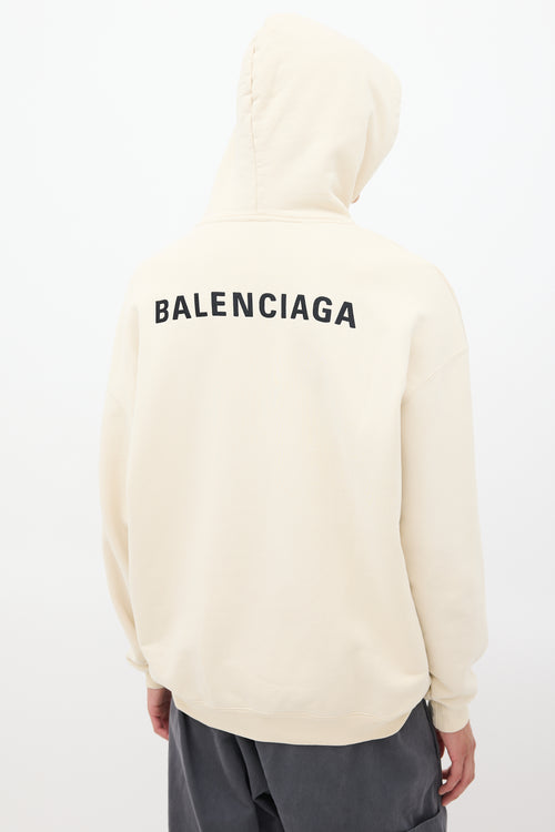 Balenciaga Cream Embroidered Logo Pullover Hoodie