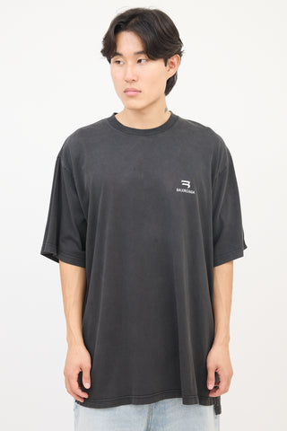 Balenciaga Dark Grey Embroidered Chest Logo Oversized T-Shirt