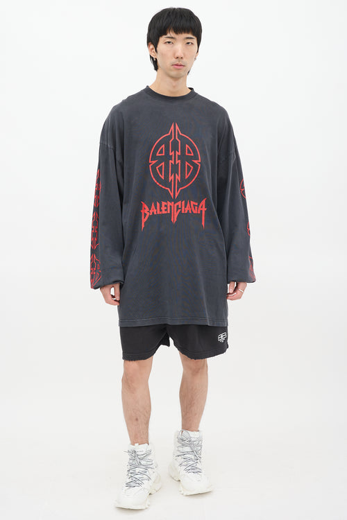 Balenciaga Dark Grey 
Red BB Metal Logo Long Sleeve T-Shirt