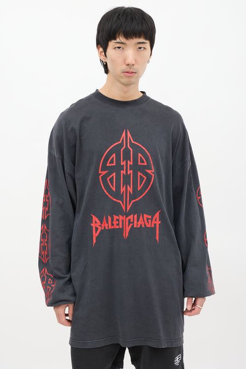 Balenciaga Dark Grey 
Red BB Metal Logo Long Sleeve T-Shirt