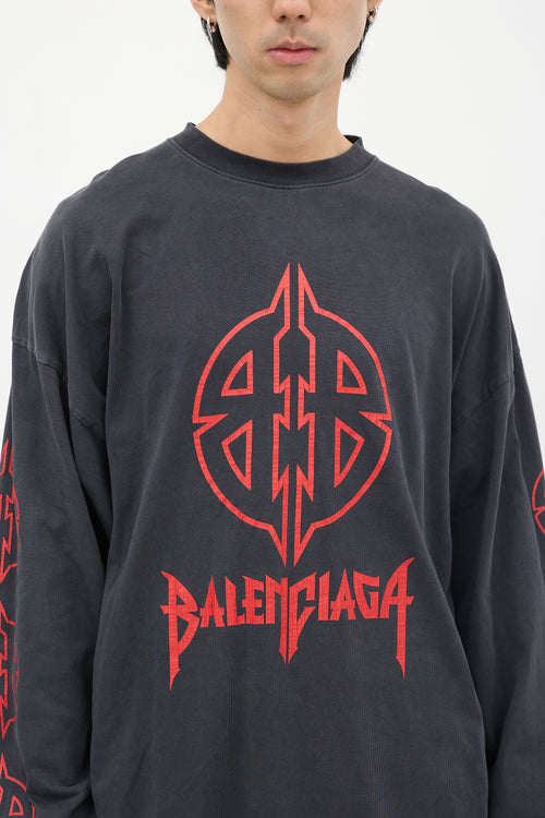 Balenciaga Dark Grey 
Red BB Metal Logo Long Sleeve T-Shirt