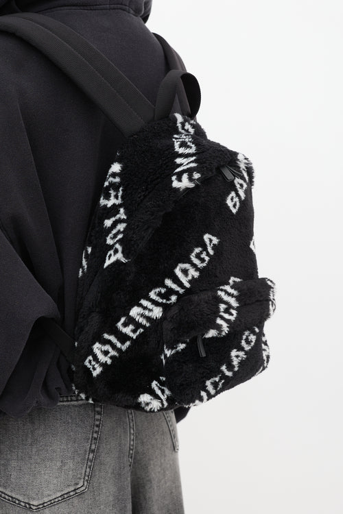 Balenciaga Black 
White Faux Fur Diagonal Everyday Backpack