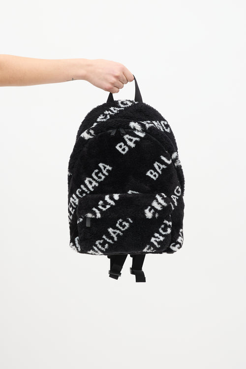 Balenciaga Black 
White Faux Fur Diagonal Everyday Backpack