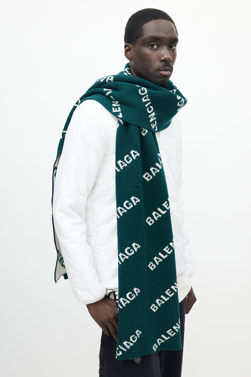 Balenciaga Green 
Cream Knit Logo Scarf