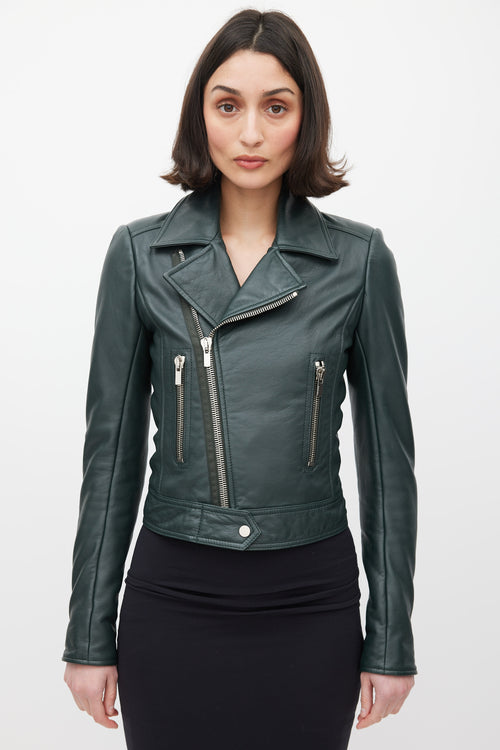 Balenciaga Green Leather Zipped Moto Jacket