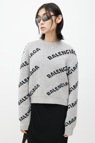 Balenciaga Grey 
Black Knit Logo Cropped Sweater