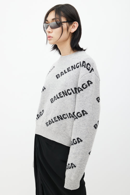 Balenciaga Grey 
Black Knit Logo Cropped Sweater