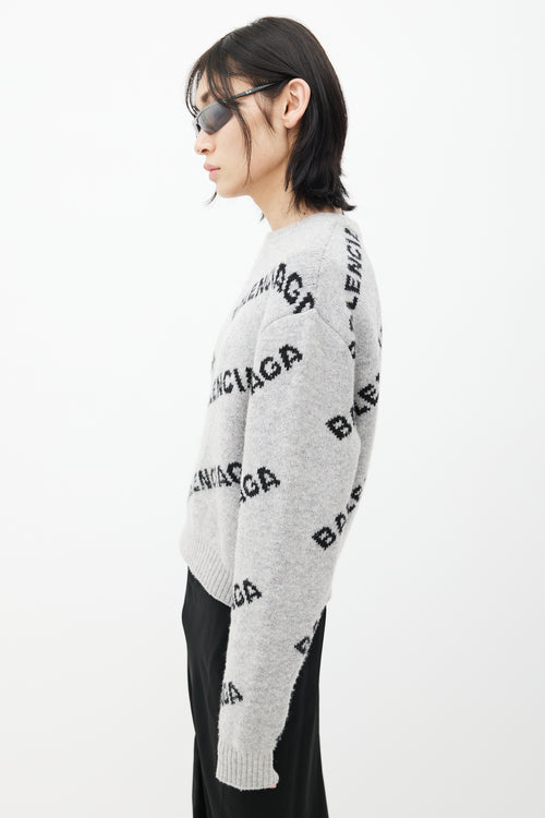 Balenciaga Grey 
Black Knit Logo Cropped Sweater