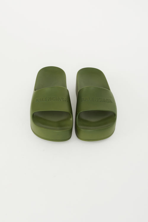 Balenciaga Khaki Green Rubber Chunky Logo Slide