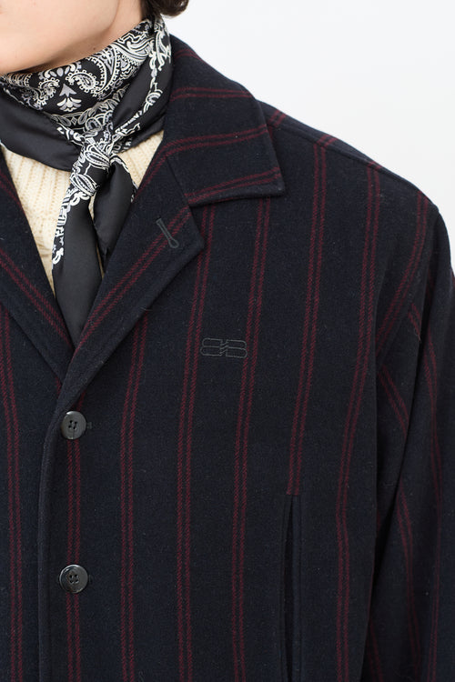 Balenciaga Navy 
Burgundy Wool Embroidered Logo Jacket