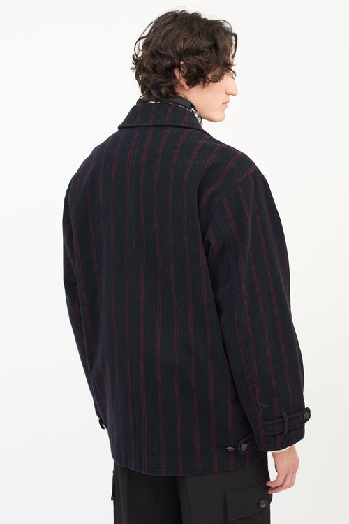 Balenciaga Navy 
Burgundy Wool Embroidered Logo Jacket