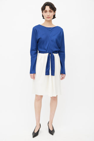 Balenciaga Navy 
Cream Belted Silk Dress