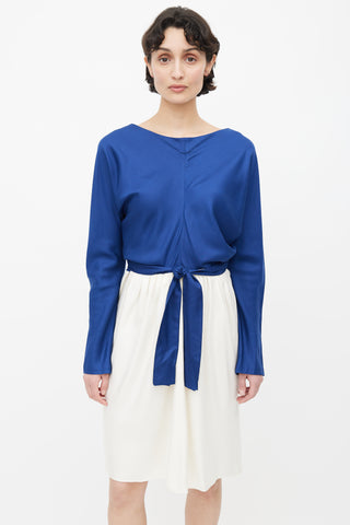 Balenciaga Navy 
Cream Belted Silk Dress