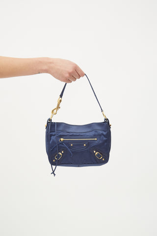 Balenciaga Navy 
Gold Satin Small City Bag