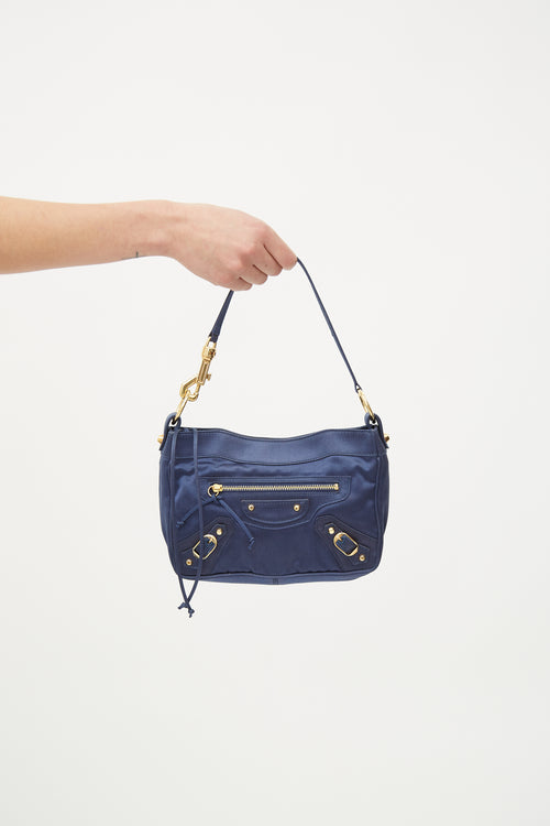 Balenciaga Navy 
Gold Satin Small City Bag