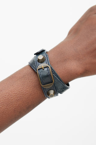 Balenciaga Navy 
Gunmetal Moto Leather Wrap Bracelet