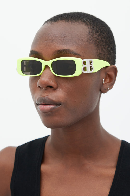 Balenciaga Neon Green 
Silver BB0096S Rectangular Sunglasses