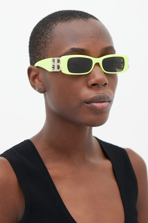 Balenciaga Neon Green 
Silver BB0096S Rectangular Sunglasses