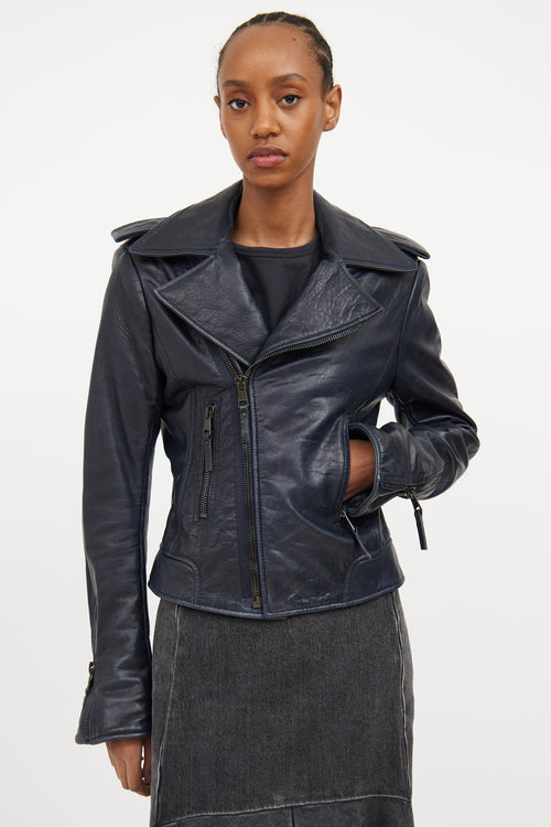 Navy Leather Moto Jacket