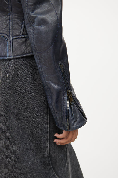 Navy Leather Moto Jacket