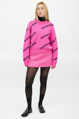 Balenciaga Pink 
Black Knit Wool Allover Logo Sweater