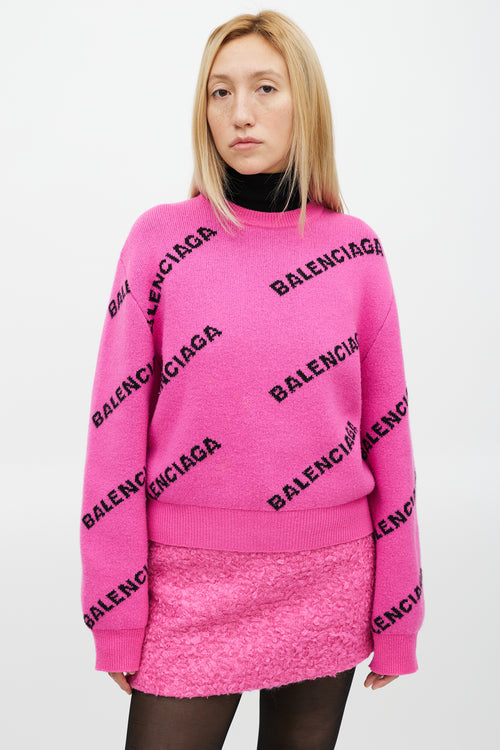 Balenciaga Pink 
Black Knit Wool Allover Logo Sweater