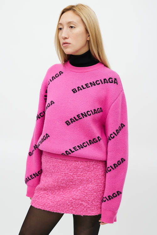 Balenciaga Pink 
Black Knit Wool Allover Logo Sweater