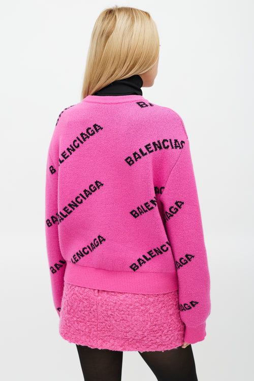 Balenciaga Pink 
Black Knit Wool Allover Logo Sweater