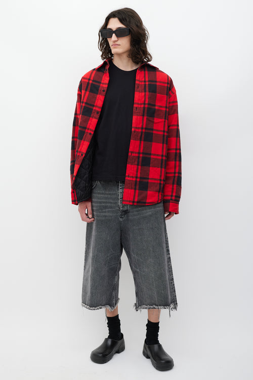 Balenciaga Red 
Black Asymmetrical Padded Plaid Jacket