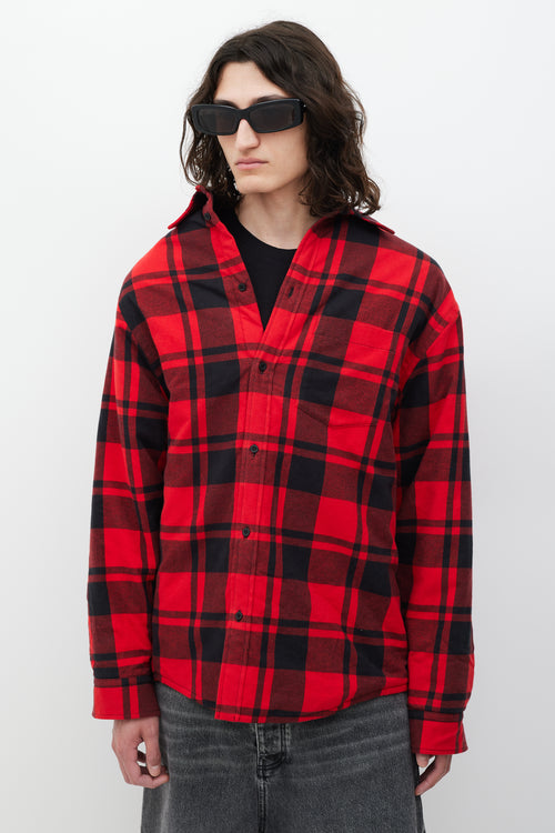 Balenciaga Red 
Black Asymmetrical Padded Plaid Jacket