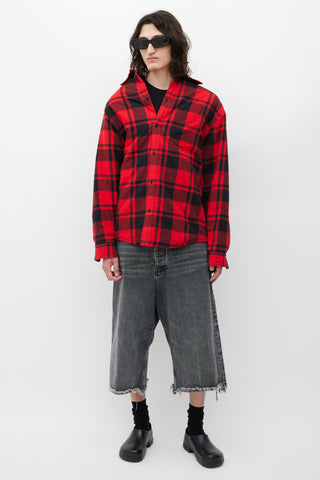 Balenciaga Red 
Black Asymmetrical Padded Plaid Jacket